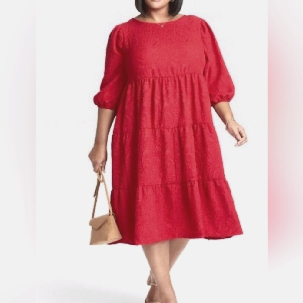 (X)- Ava & Viv Puff Sleeves Keyhole Tied Back Embossed Floral Tiered Dress